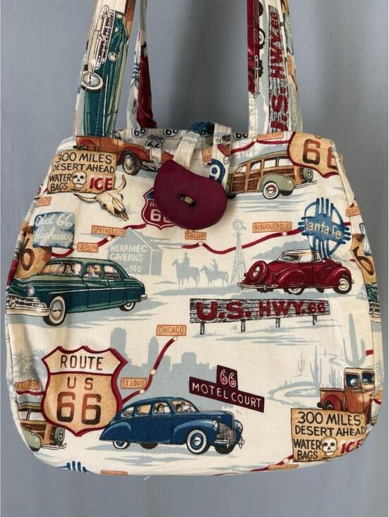 Handbags - Handmade Route 66 Tote Bag Retro Vintage Car Americana Travel Shoulder Purse